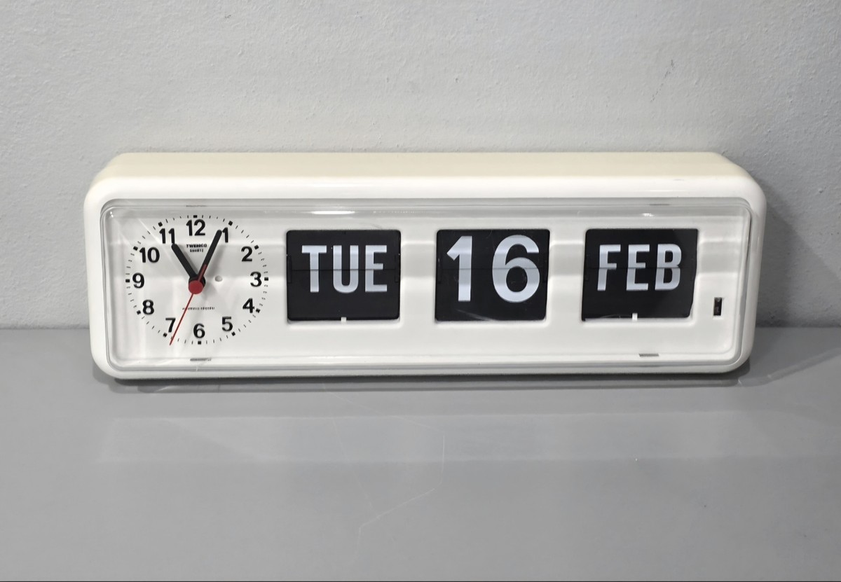 Twemco BQ-38 White Perpetual Calendar Flip Clock Wall Desk Wide