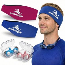 Swimming Headband for Adults - 2 Pairs Waterproof Ear Plugs  Adjustable Swim