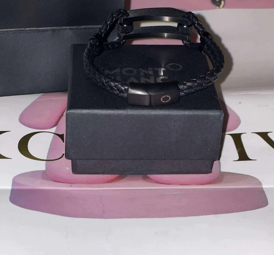 Pulseira Montblanc de couro tecido aço inoxidável preta - Imagem 2 de 4