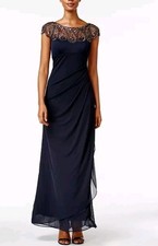 $249 XSCAPE Women Embellished Illusion Draped Gown Sz 6 Blue Wedding Party