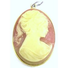 Vintage Large Cameo Lady Figural Gold Plated Necklace Pendant 1-7/8" Resin