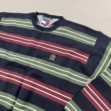 Vintage Tommy Hilfiger Sweater Mens XL Navy Stripe Crest Crewneck Knit 90s