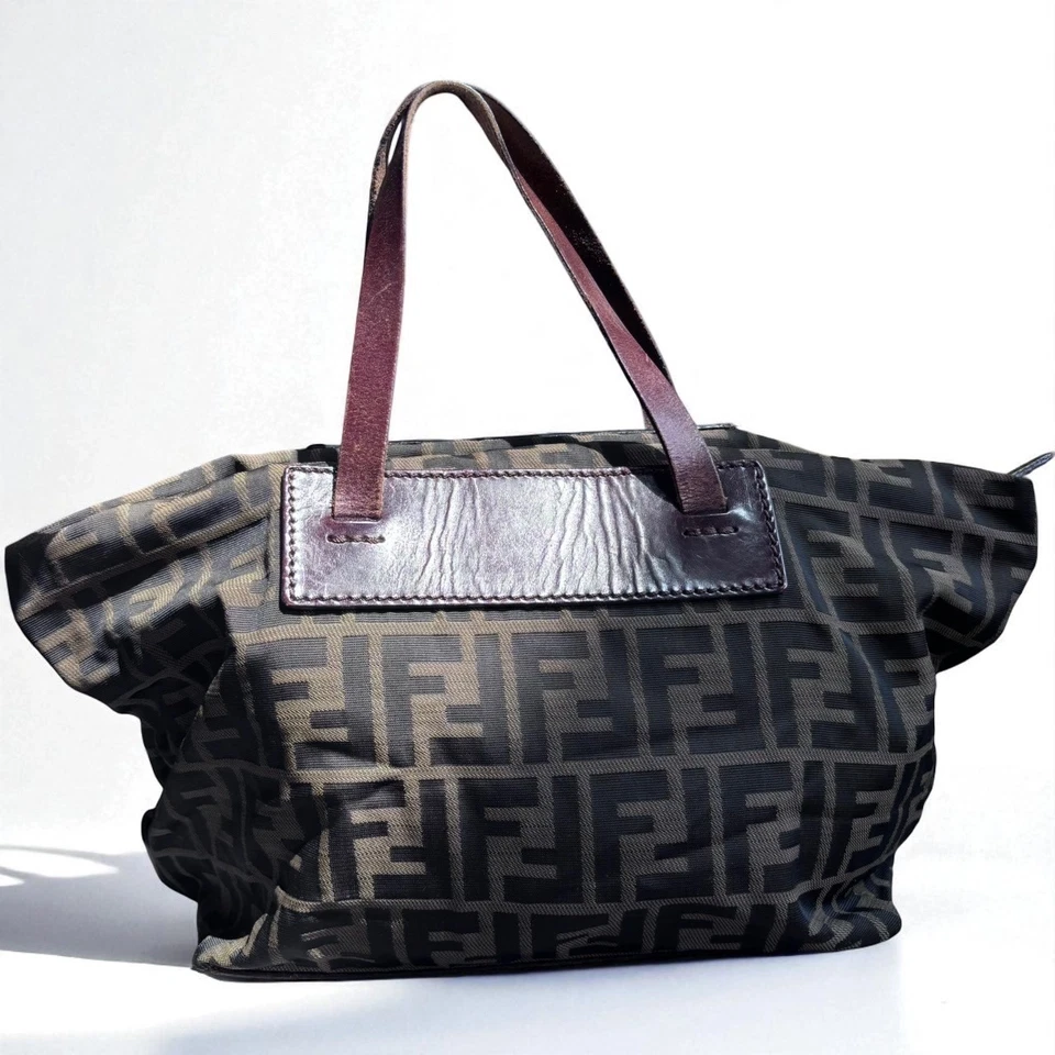 Auténtico Bolso de Mano Fendi Zucca Nylon Lona Cuero de Becerro Foto 3 de 4