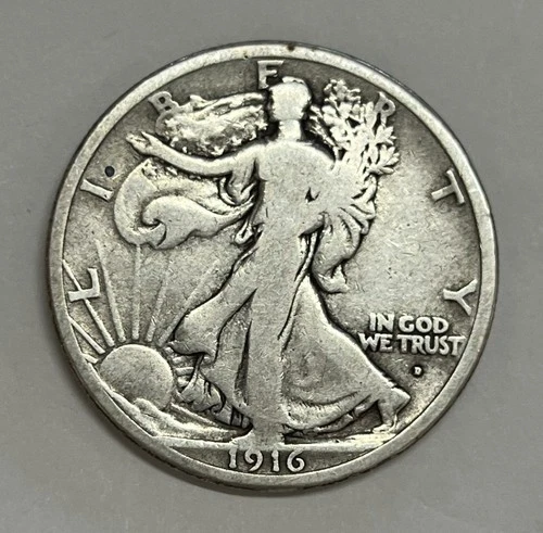 1916-D Denver Walking Liberty Silver Half Dollar Very Good Condition