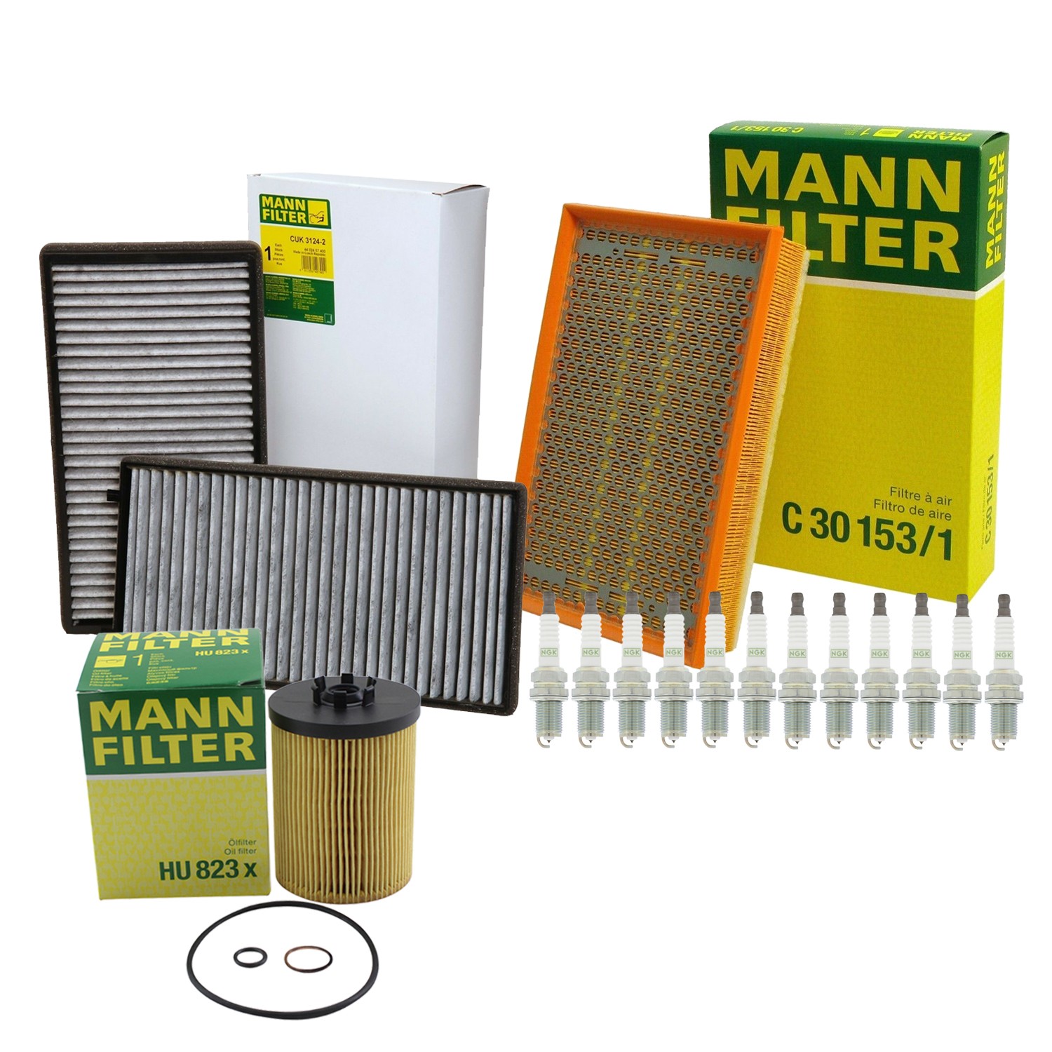 Mann Engine Oil Cabin Air Filter  NGK 12 Spark Plugs Kit For E65 760i Base V12