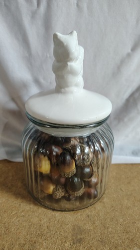 Vintage Ceramic Squirrel Topper Lid Glass Ribbed Acorn Filled Jar 355