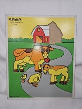 Vintage Playskool Farm Wooden Tray Puzzle #186-02 Barn Cow Made in USA