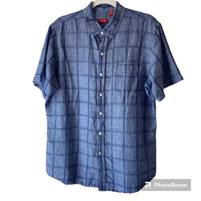 Izod Linen Cotton Checked Casual Short Sleeve Button Down Blue Shirt Size L