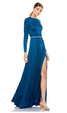 Mac Duggal Long Sleeve Jewel Trimmed Charmeuse Gown-Size 6