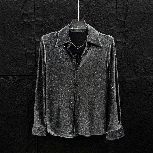 Camicia uomo casual con bottoni glitter paillettes maniche lunghe top blusa sciolta bling - Foto 4 di 8