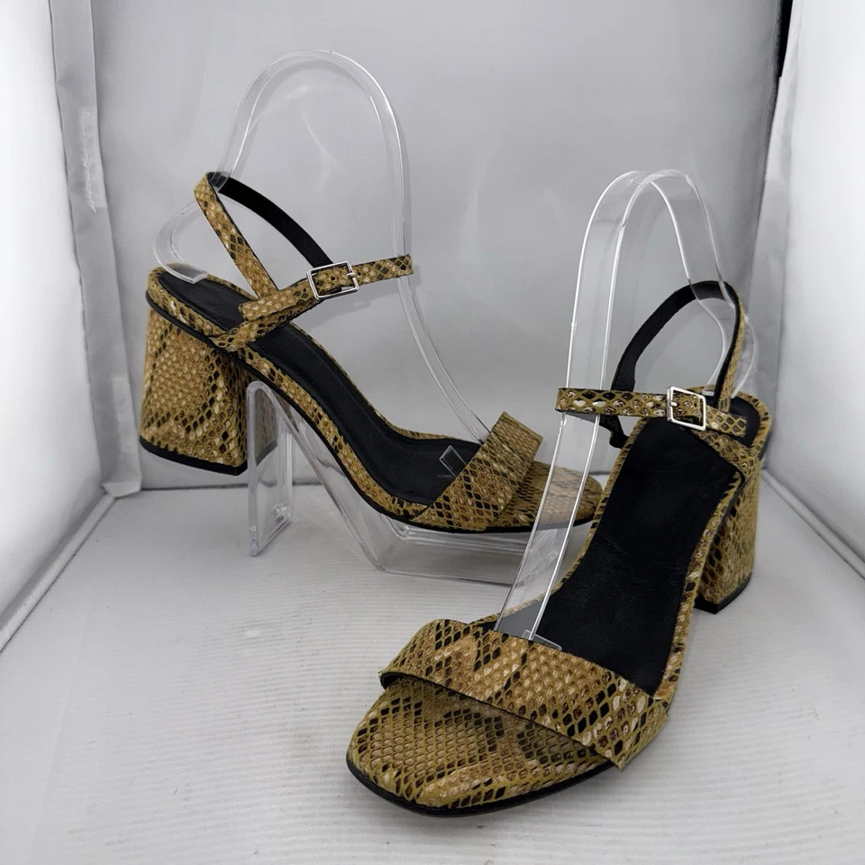 Sandalias Free People Liv Tacón Bloque Tostado Serpiente Talla 7.5 Pitón Marrón Y Correa Negra Foto 4 de 4