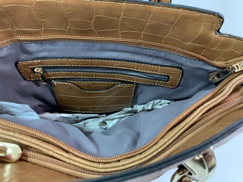 Camel Brown and Gold Faux Crocodile Handbag with Shoulder Strap - Picture 12 of 13