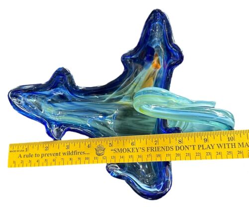 Glass Swan Bowl Trinket Dish Blue White & A Touch Of Orange 5” Tall X 8.5” X 10” - Picture 16 of 16