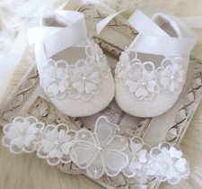 Baptism Shoes in Off White, Christening Shoes with Daisy Flowers and Pearls