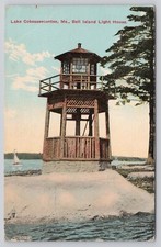 Postal antigua Lake Cobosseecontee ME Maine Bell Island Light Lighthouse 1912