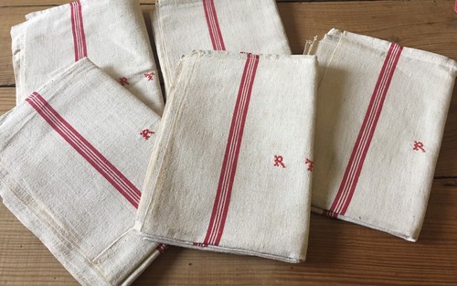 ONE Antique Vintage French Métis Towel Torchon - Red Stripe Mono RT - Patina - Picture 2 of 5