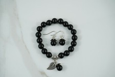ORECCHINI + BRACCIALE OSSIDIANA NERA perla pietra naturale cristallo gioiello