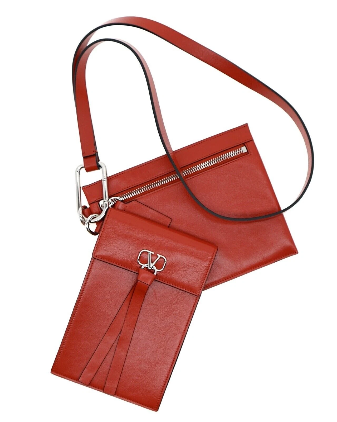 Valentino — Valentino Vlogo Wallet & Pouch On Strap Red Leather New