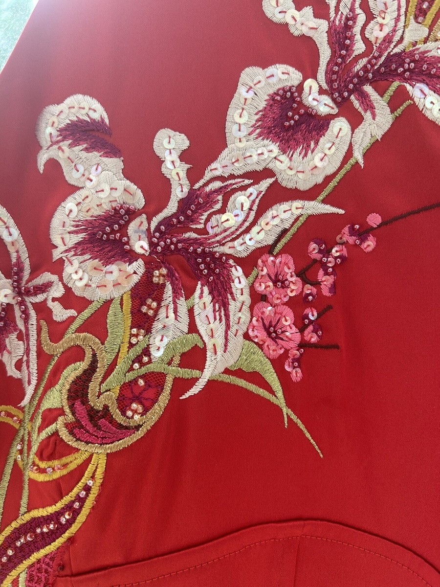 KAREN MILLEN 日本未入荷 リボンベルト タイベルト ミディドレス UK 12 KAREN MILLEN Vintage Red Oriental Chinese Embroidered