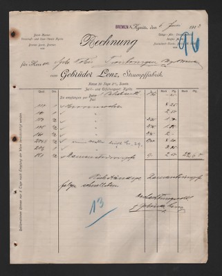 BREMEN, Rechnung 1913, Gebrüder Lenz Strumpf-Fabrik