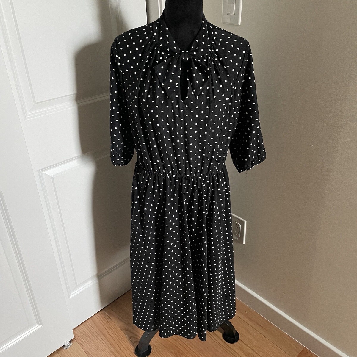 Ms Lea Casuals Vintage Black White Polka Dot 3/4 Sleeve Midi Dress EUC Size  14 | eBay
