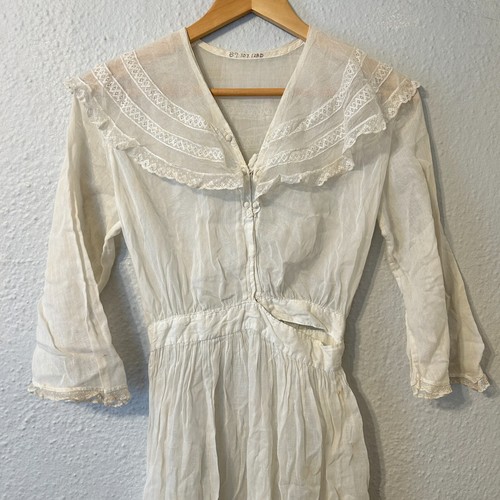 Early 1900s Antique Edwardian XS Lawn Dress White Sheer Cotton Lace - Picture 2 of 20