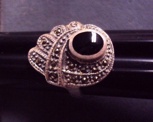 Vintage 925 Sterling Silber Markasit Vogel Ring mit schwarzem Onyx Körper Gr. 8-3/4 Spaß - Bild 5 von 12