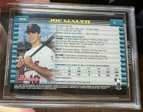 2002 Bowman Joe Mauer RC BGS 9.5 True Gem Mint+ 10 Centering Twins Hall of Fame - Picture 3 of 3