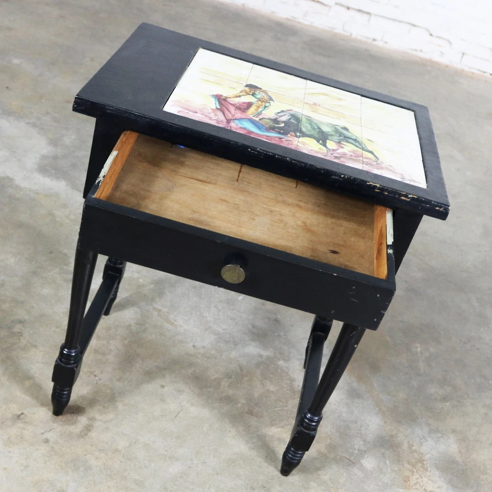ON SALE!!! Black Turned Leg Drawered End Table with Matador and Bull Tile Insert - Image 4 of 4