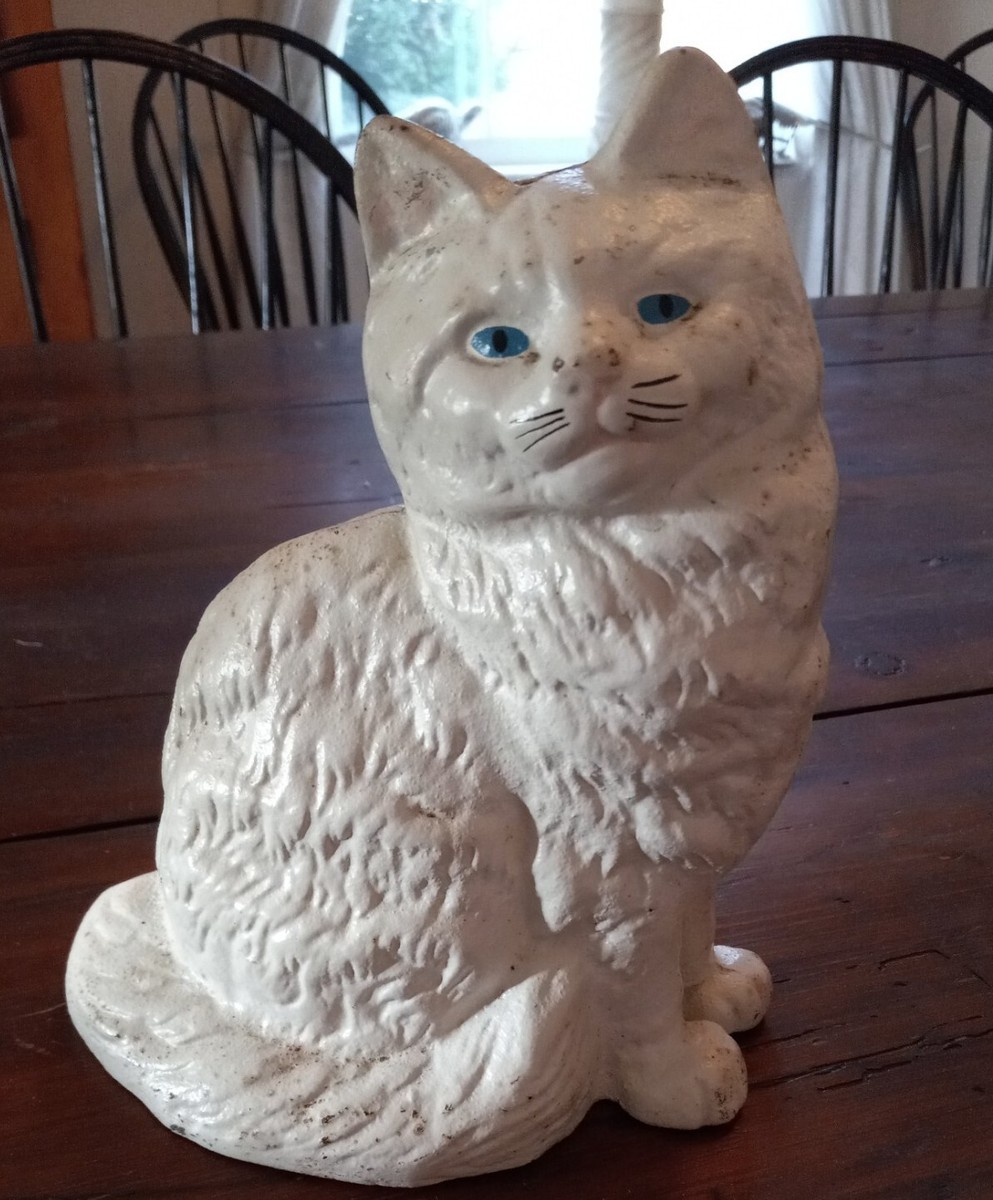 VINTAGE ANTIQUE KENCO CAST IRON SITTING WHITE KITTY CAT BANK OR