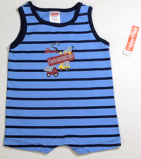 BOYS 0-3 Months 1-Piece Romper / Bodysuit Blue Striped-Construction Trucks NWT