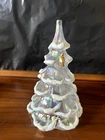 FENTON Art Glass White Iridescent Flocked Tree w Gold Tone Dove 6 1/4"