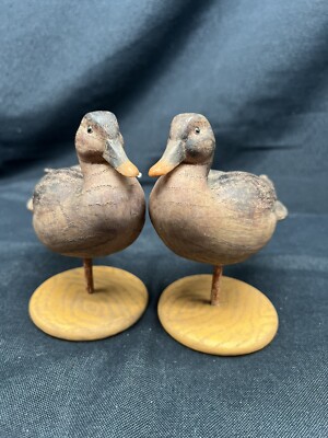 Folk Art Wooden Hand Carved Duck Decoy with a mark on bottom 2 Total 4 1/2  Vtg
