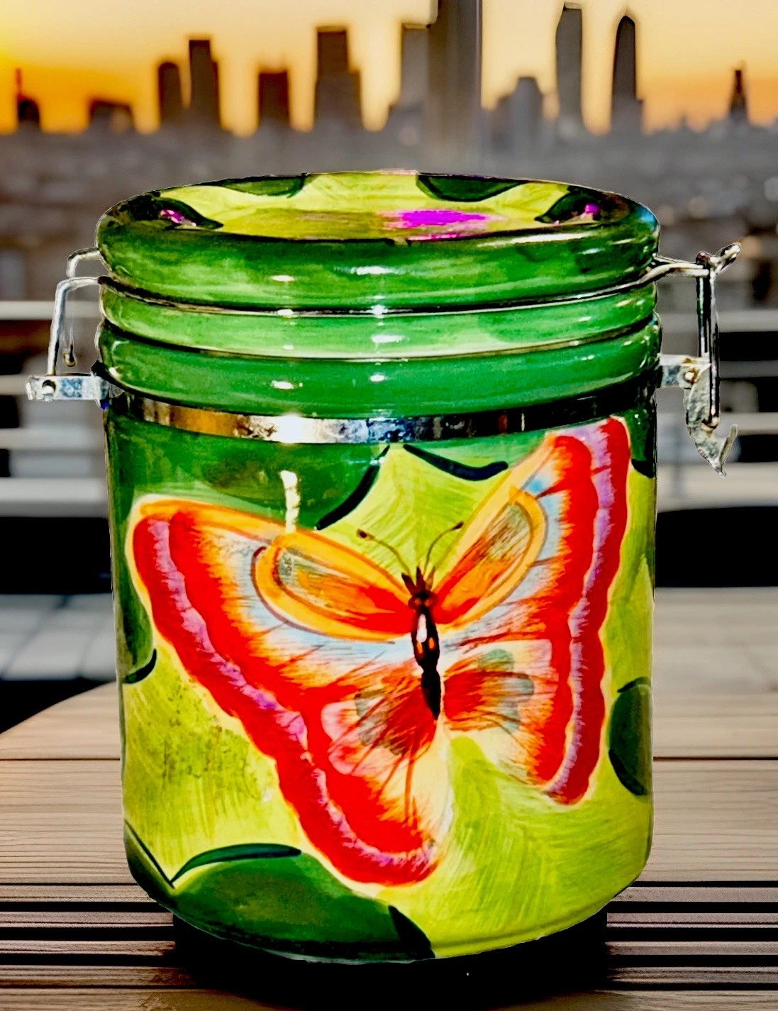 VINTAGE LA DOLCE VIDA Free Flight Bright Colorful Butterfly Canister 6.25” Jar