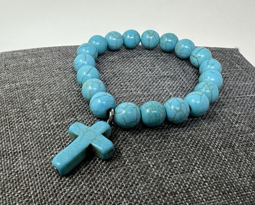 Handmade Howlite Turquoise Cross Bracelet - Stretch Beaded Spiritual Jewelry - Picture 4 of 10