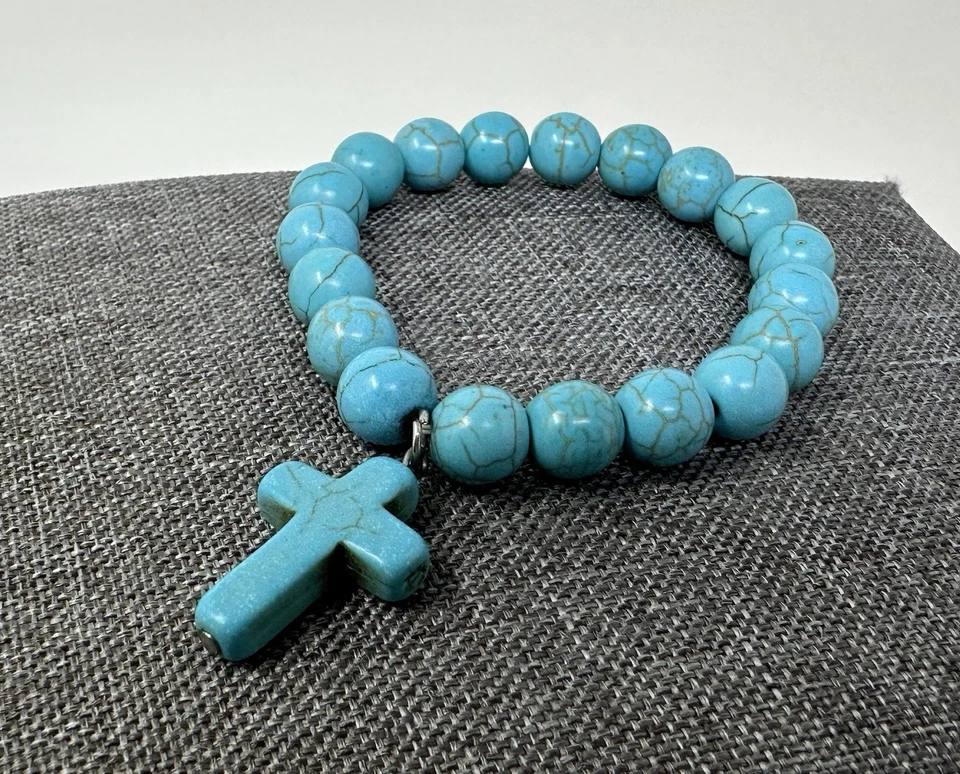 Handmade Howlite Turquoise Cross Bracelet - Stretch Beaded Spiritual Jewelry - Image 4 of 4