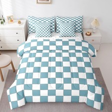 White Blue Checkered Boys Twin Comforter Set with Sheets 7 Piece Buffalo Plai...