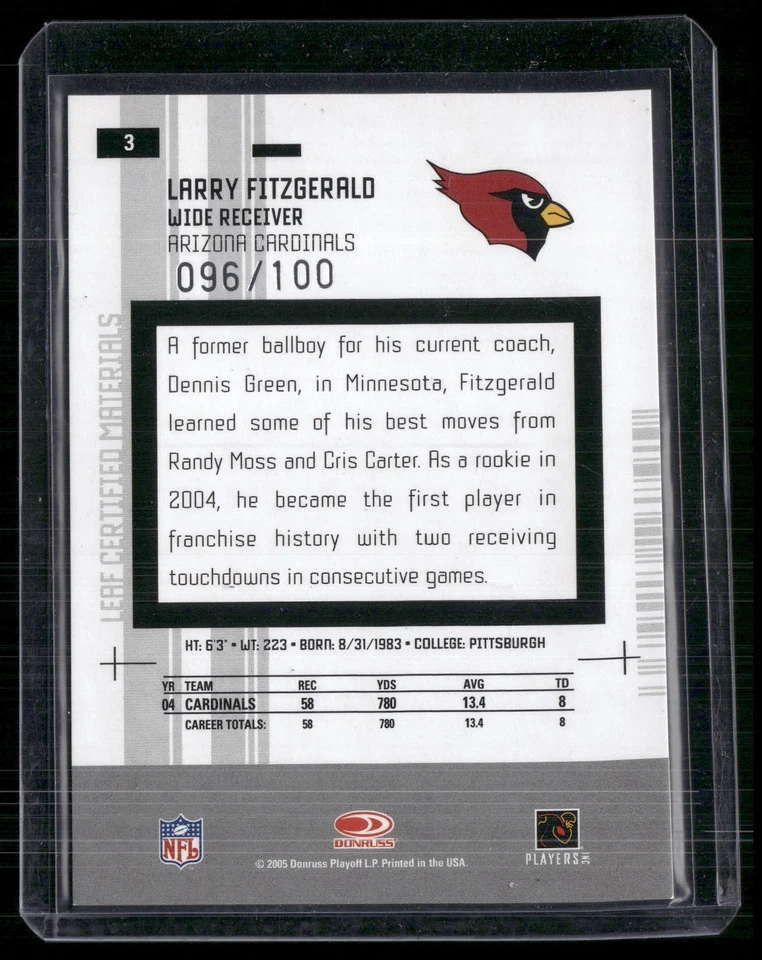 2005 Leaf Certified Materials #3 Larry Fitzgerald Mirror Red #/100 - Image 2 of 2