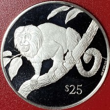 1993 BRITISH VIRGIN ISLANDS $25 PROOF .65 OZ SILVER TAMARIN MONKEY WILDLIFE BVI