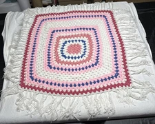 Vintage Handmade Crochet Square Afghan Blanket Throw Pink Stripped 32x36”