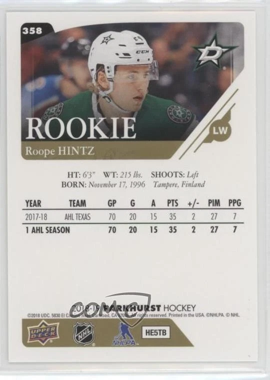 2018-19 Upper Deck Parkhurst Rookies Roope Hintz #358 Rookie RC - Image 2 of 2