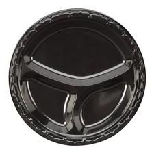 Huhtamaki 81430 Heavyweight Plastic 3 Compartment Plates, 10 1/4" Dia, Black,