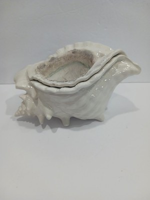 Vintage Atlantic Mold Ceramic 2 Pc. Conch Seashell Planter Medium White Pearl