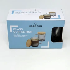 CROFTON Glass Coffee Mugs with Bamboo Lids, Clear Smoke Color Set of 2 cups