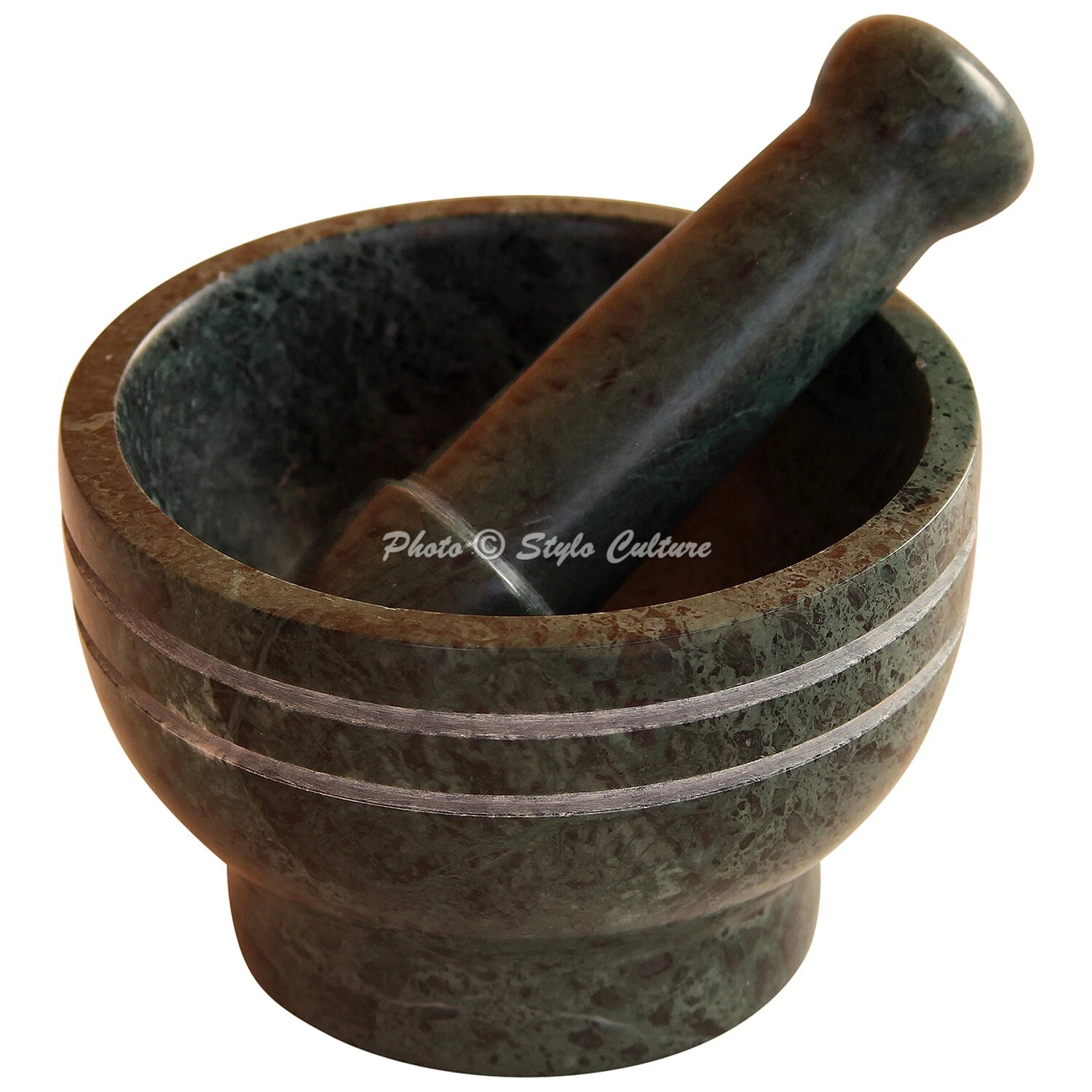 Round Spice Grinder Green Mortar Pestle Set Home Kitchen Natural Marble Indian