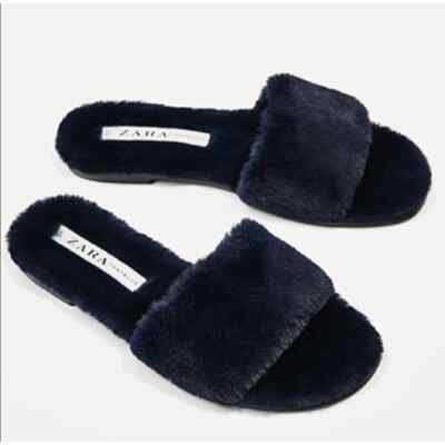 Zara Navy Blue Faux Fur Slipper Sandals Size 36