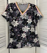 Butter-soft Stretch Womens XS Scrub Top Black Multi Floral NWT Short Sleeves