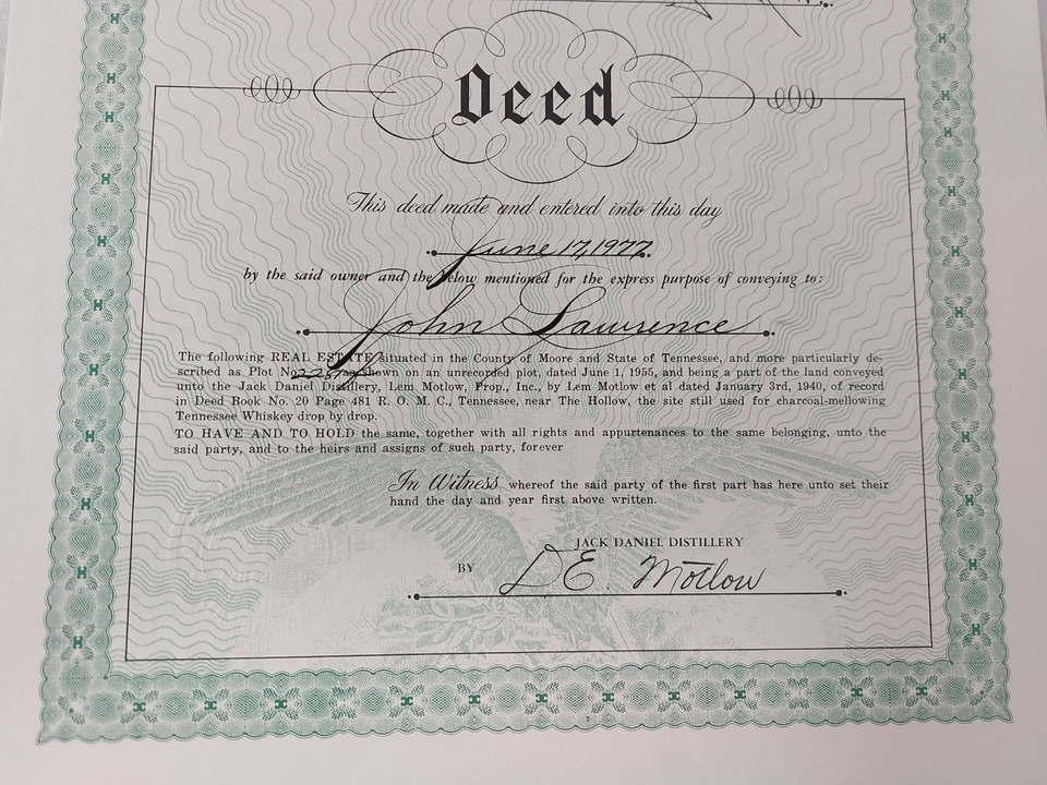 1977 Jack Daniels Distillery Tennessee Squire Deed Letter Plot 2281