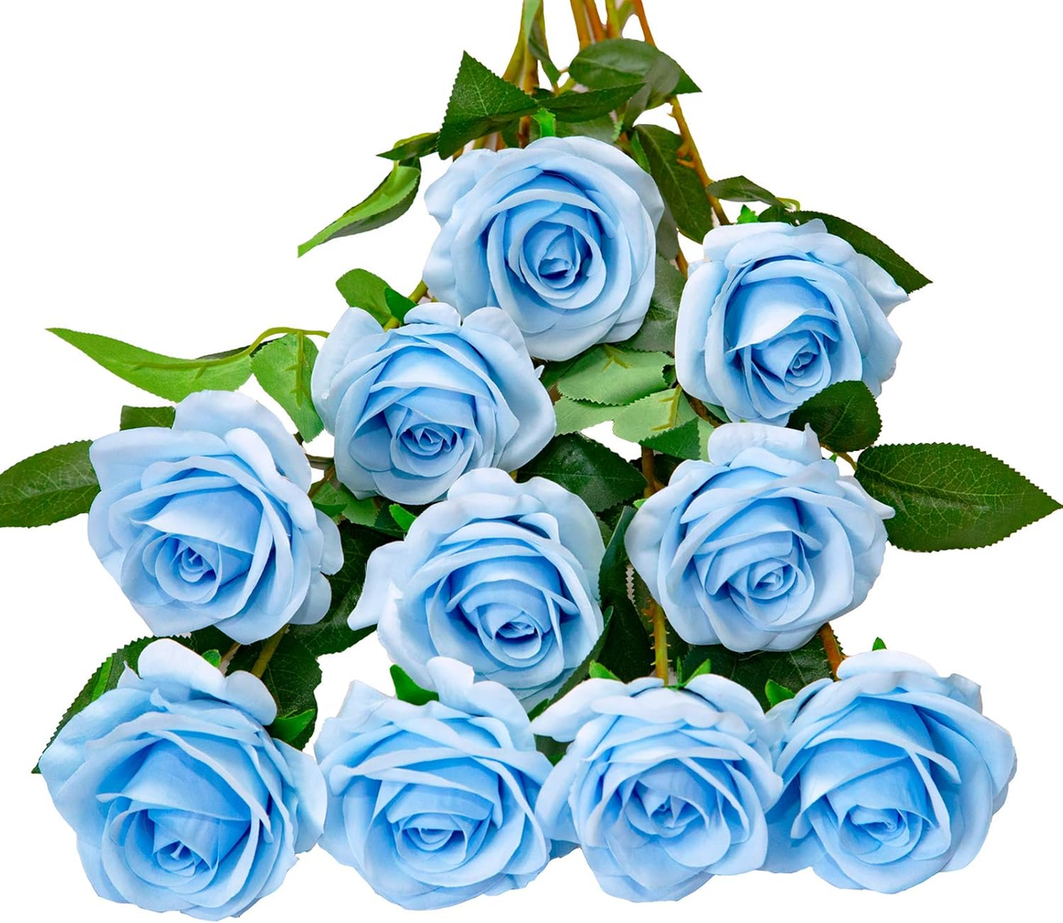Rose216ライトブルーxs 10Pcs Sky Blue Faux Silk Roses with Long Stems for Wedding Decor