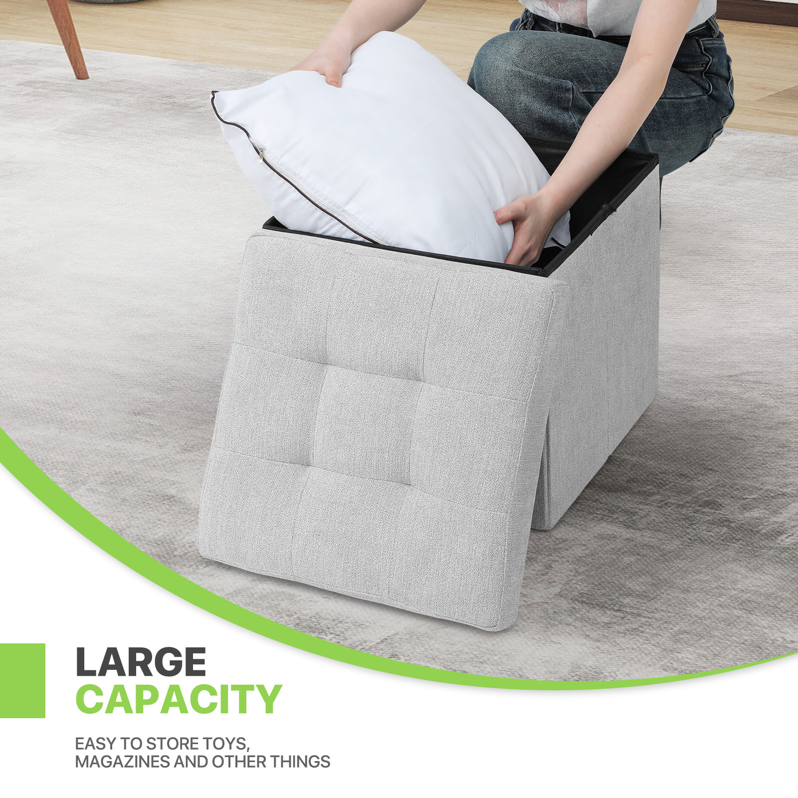 Gray Storage Ottoman Fabric Upholstered Classic Benches Cube Seat Footstool Home